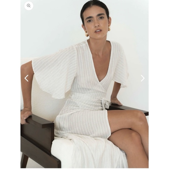 Lu ciee Natural Stripe Linen Blend Wrap Midi Dress Minimalist Classic Chic - Picture 1 of 14